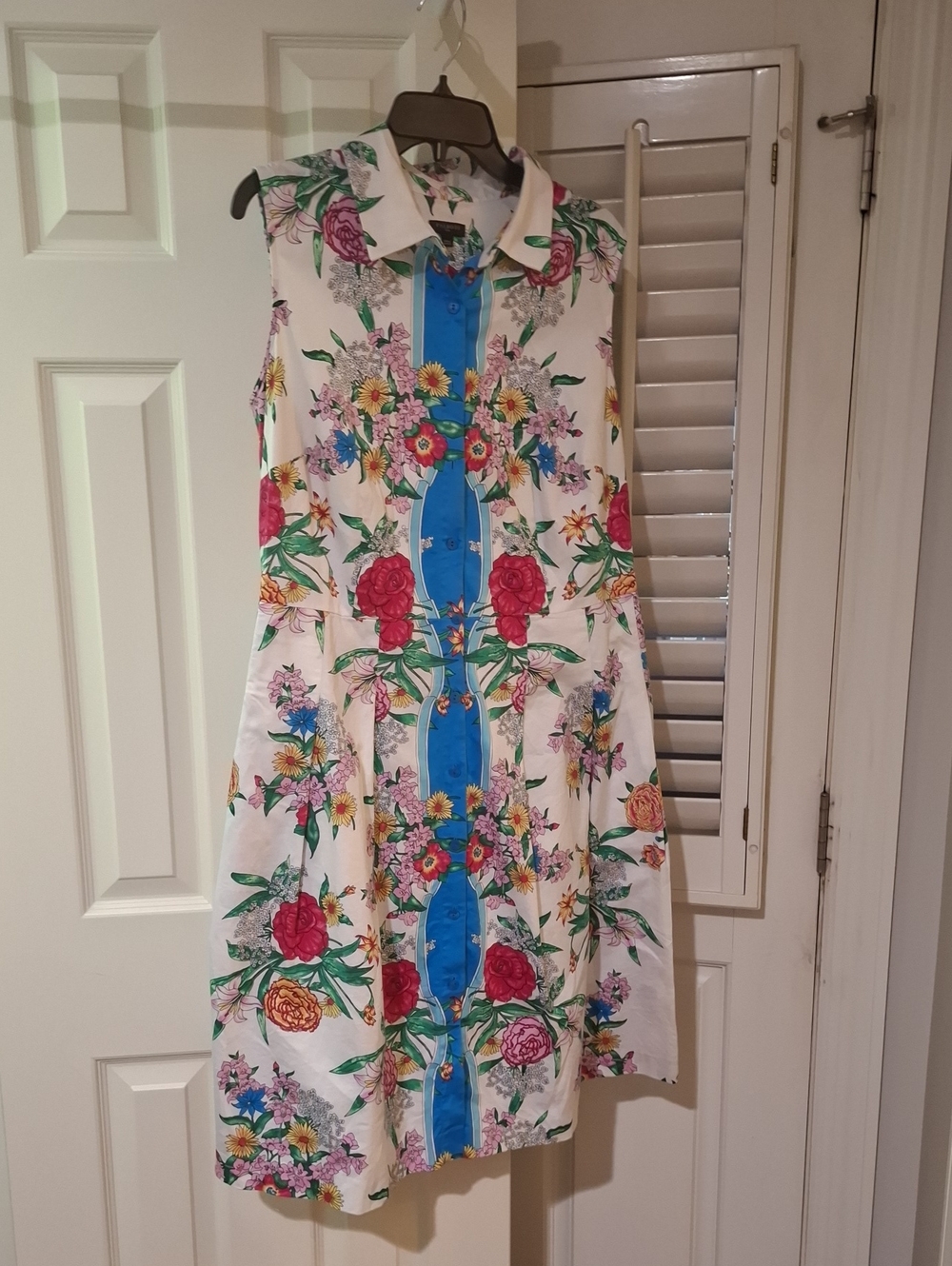 Talbots White Floral Shirt Dress with Bright Blue Panel